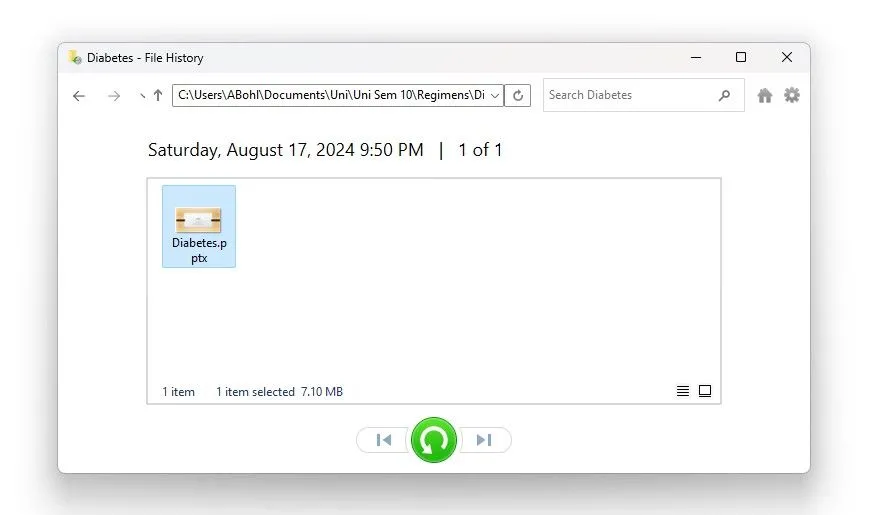 Màn hình khôi phục tệp PowerPoint bằng tính năng Lịch sử Tệp (File History) của Windows