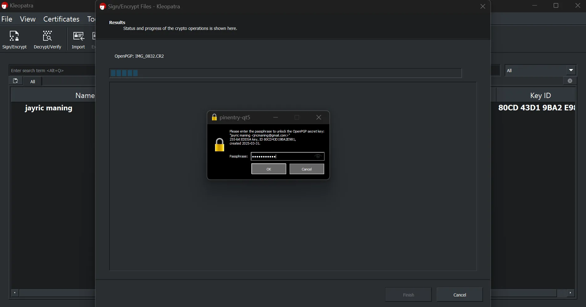Màn hình Kleopatra OpenPGP khi mã hóa file