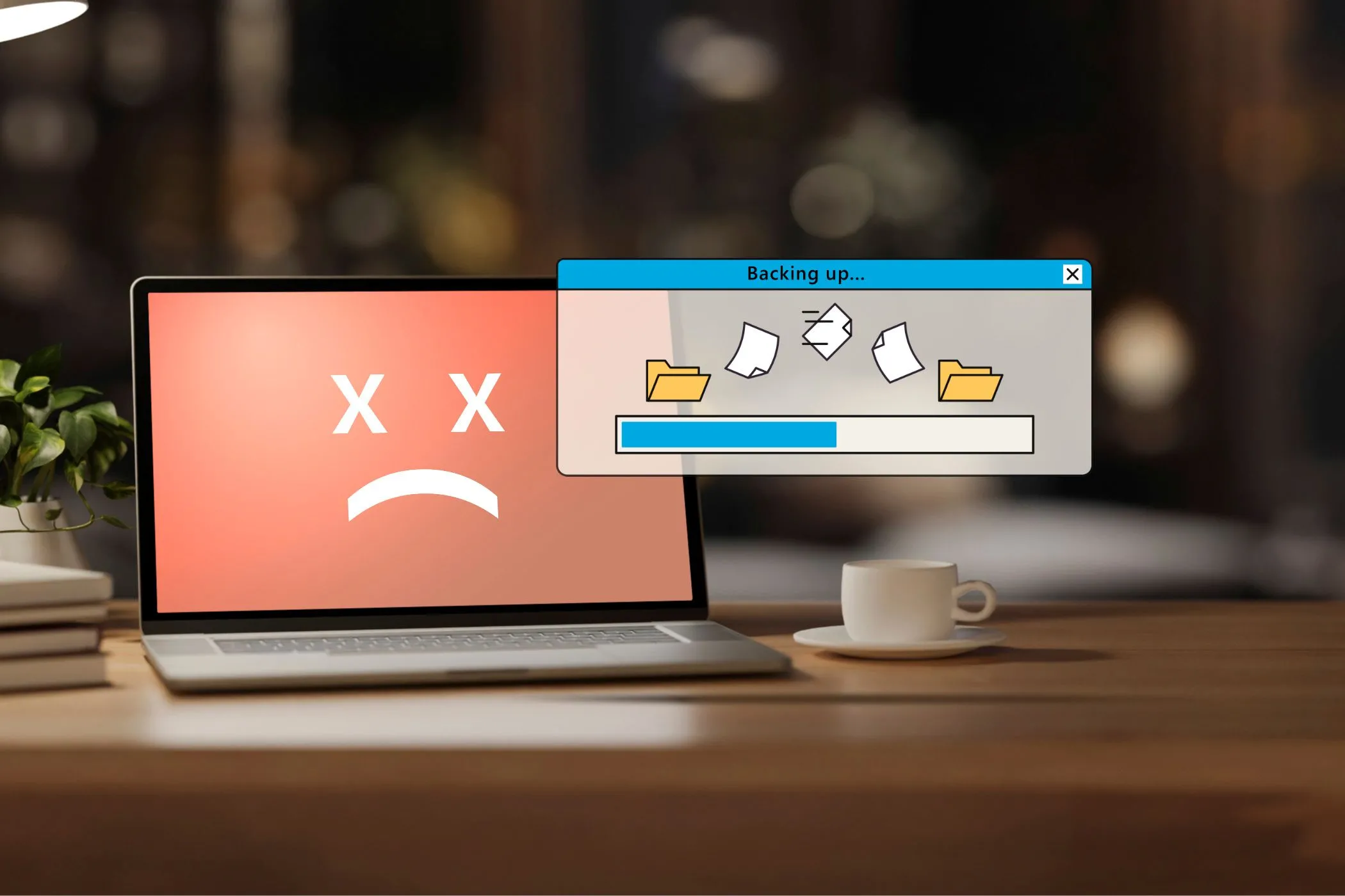 Màn hình laptop hiển thị cửa sổ sao lưu với thông báo lỗi