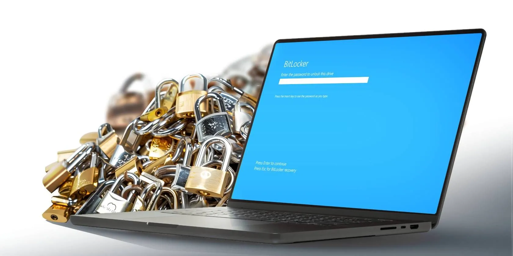 Màn hình laptop hiển thị giao diện nhập mật khẩu BitLocker với biểu tượng khóa số, minh họa tính năng mã hóa bảo mật dữ liệu ổ cứng trên Windows.
