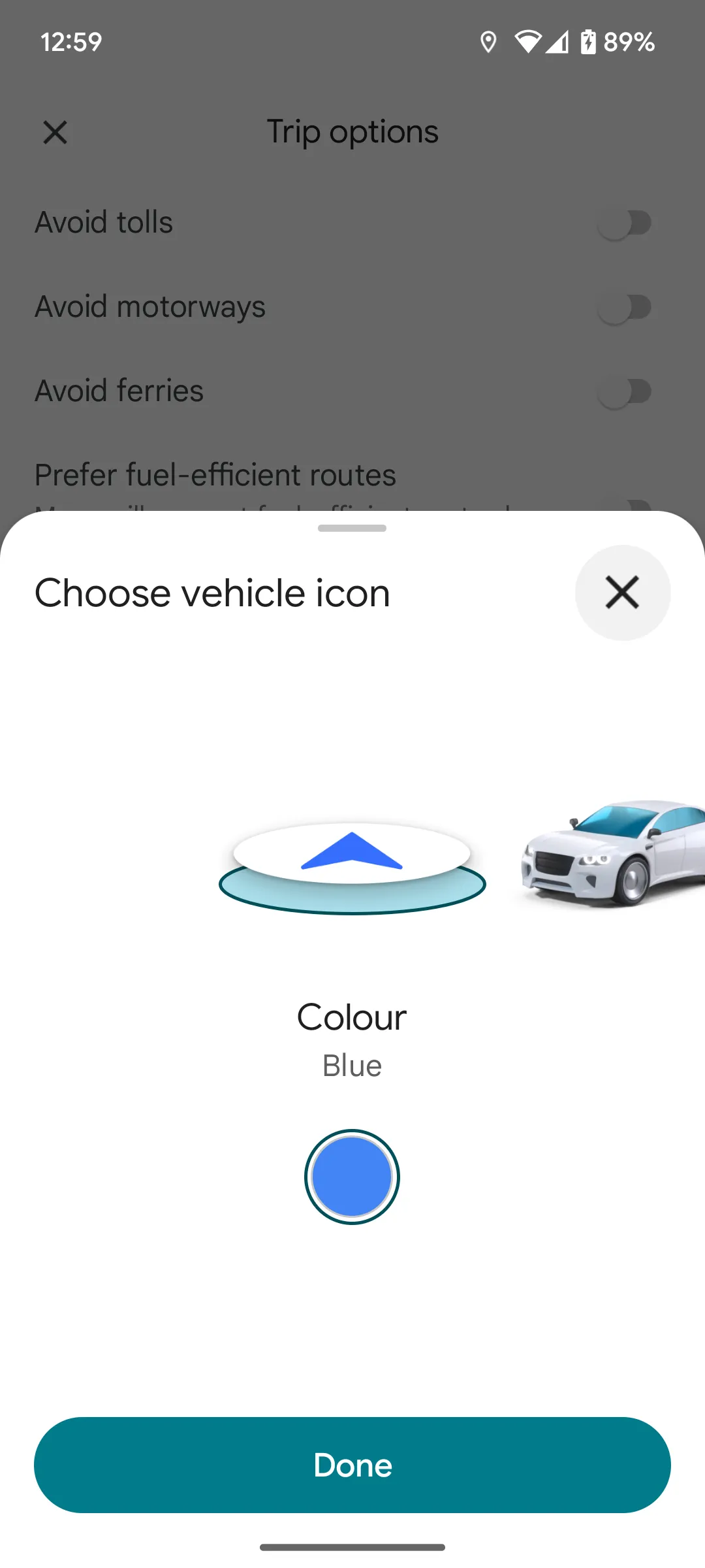 Màn hình lựa chọn biểu tượng xe mới và mặc định của Google Maps