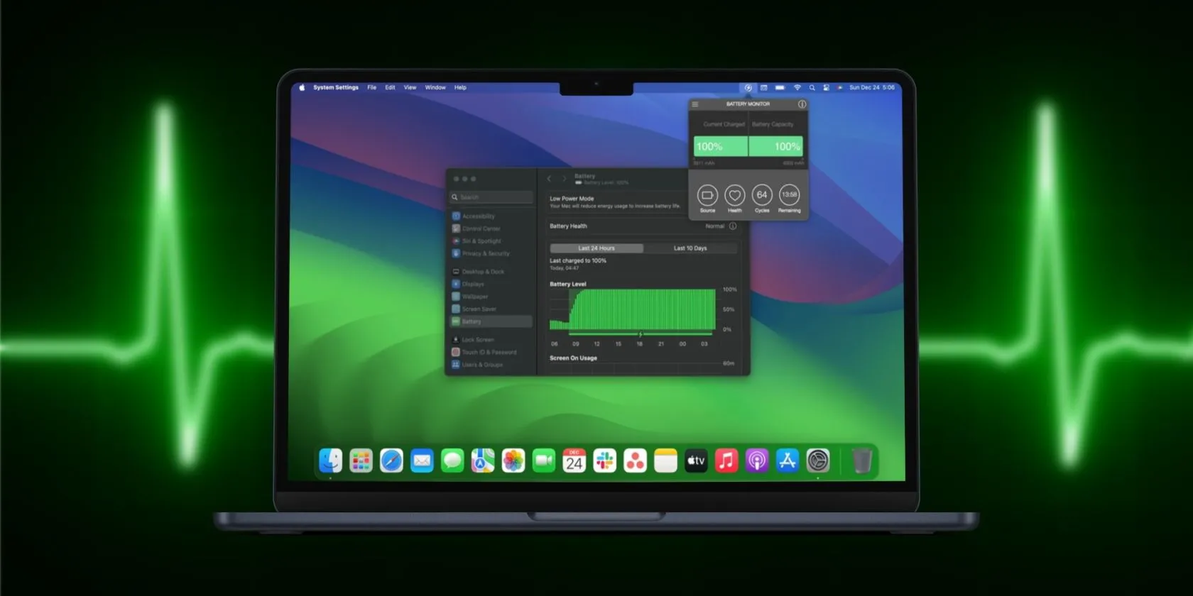 Màn hình MacBook hiển thị trạng thái pin trong Cài đặt hệ thống và thanh menu, minh họa hiệu suất năng lượng của MacBook