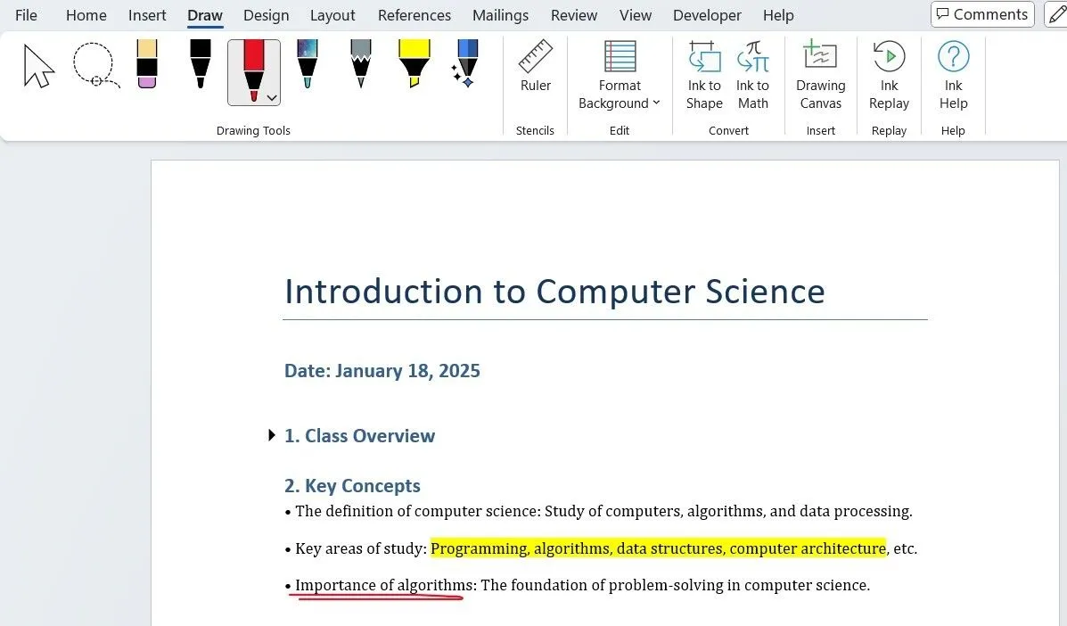 Màn hình Microsoft Word hiển thị các ghi chú về bài giảng khoa học máy tính được sắp xếp khoa học