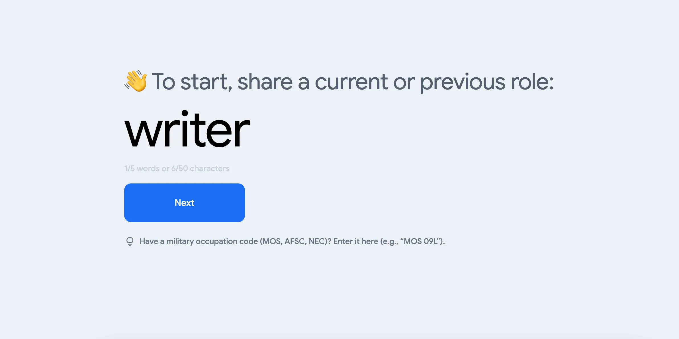 Màn hình nhập vai trò khởi đầu trên Google Career Dreamer để AI phân tích