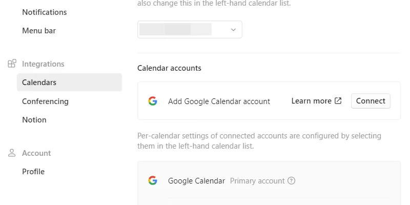 Màn hình Notion Calendar hiển thị nút &quot;Connect&quot; để liên kết với Google Calendar, cho phép đồng bộ lịch Google.