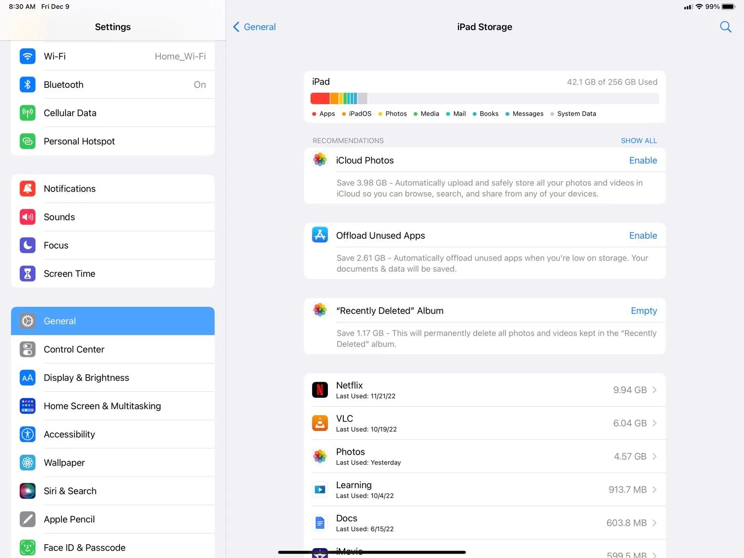 Màn hình quản lý dung lượng lưu trữ trên iPad.