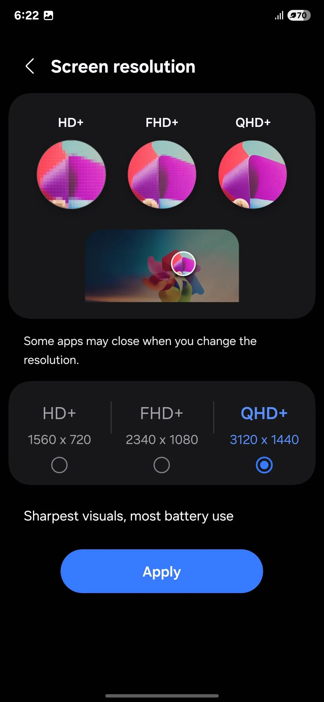 Màn hình Samsung Galaxy S25 Ultra hiển thị tùy chọn độ phân giải QHD+