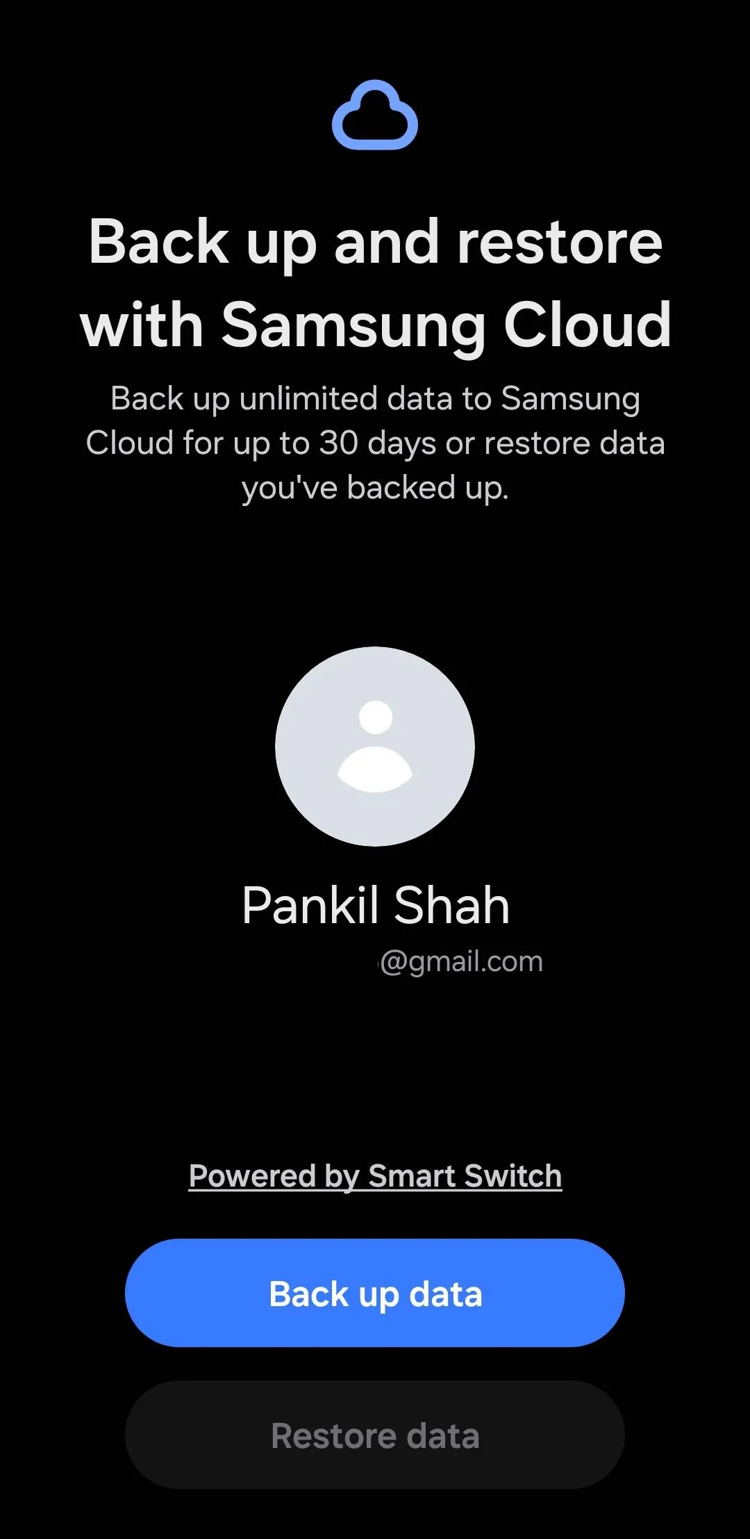 Màn hình &quot;Sao lưu và khôi phục với Samsung Cloud&quot; trong quá trình sao lưu