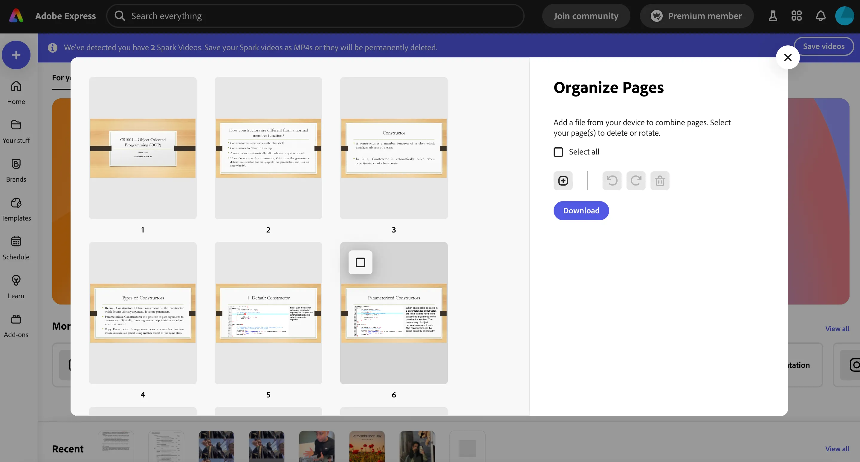 Màn hình Sắp xếp Trang (Organize Pages) trong Adobe Express, cho phép người dùng dễ dàng reorder, xóa hoặc thêm trang vào tài liệu PDF hiện có.