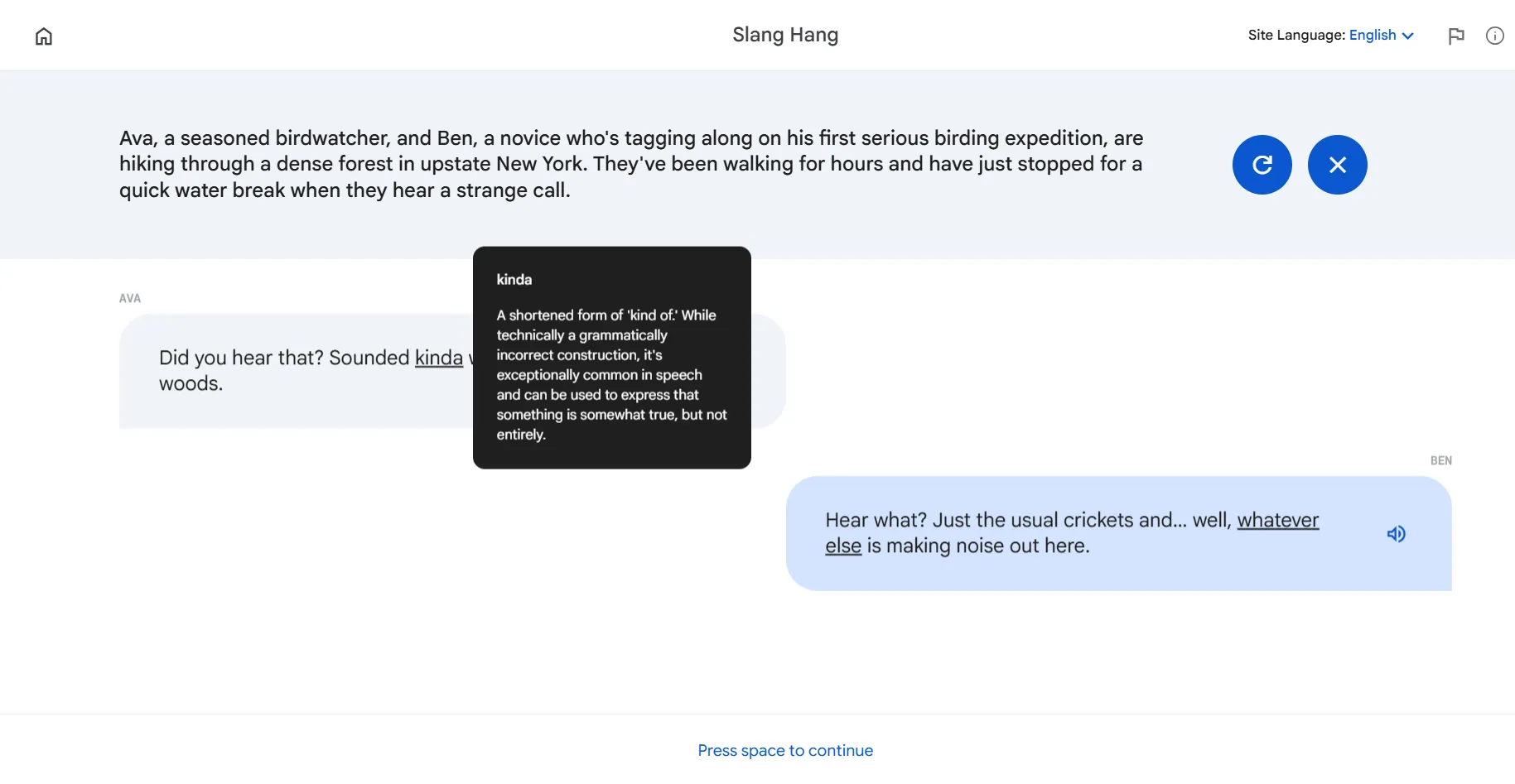 Màn hình Slang Hang của Google Little Language Lessons, hiển thị đoạn hội thoại có sử dụng tiếng lóng