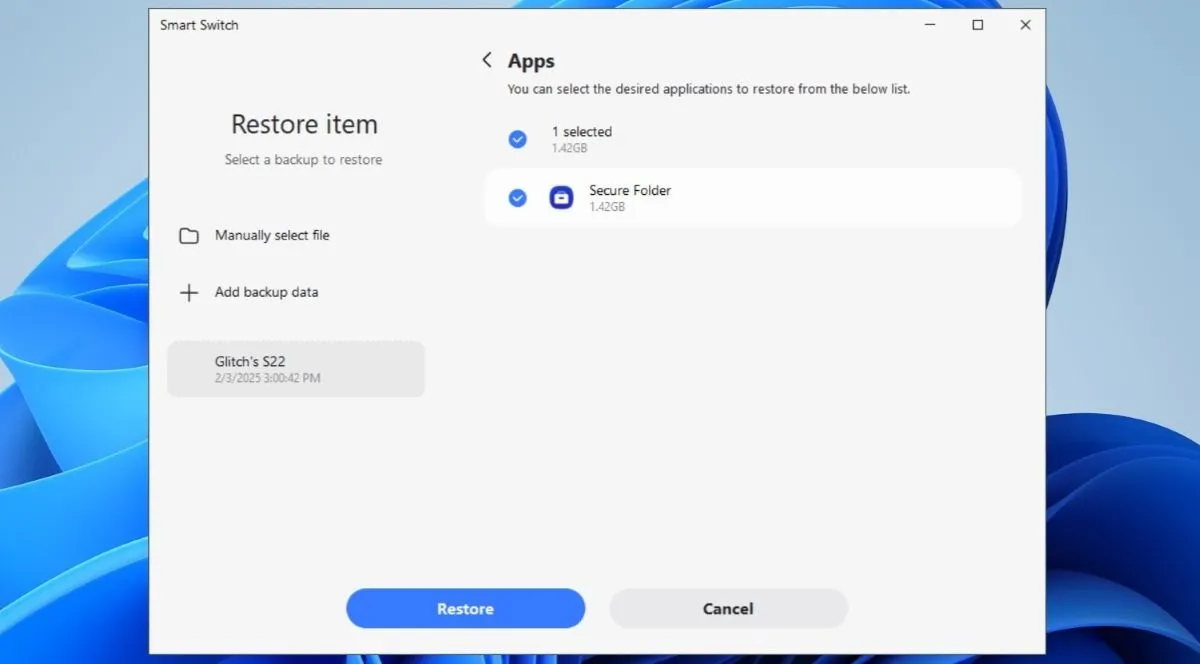 Màn hình Smart Switch trên máy tính hiển thị tùy chọn khôi phục dữ liệu Secure Folder