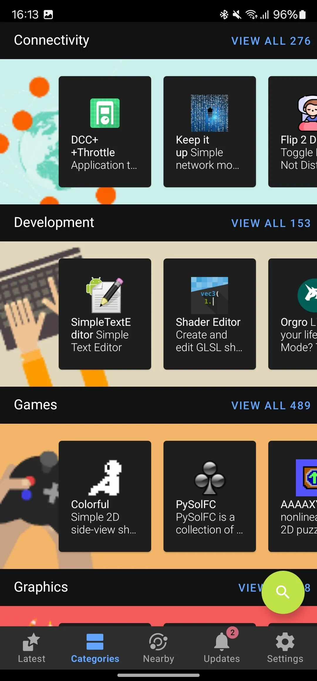 Màn hình tab Danh mục của ứng dụng F-Droid, giúp người dùng dễ dàng khám phá các ứng dụng mã nguồn mở.
