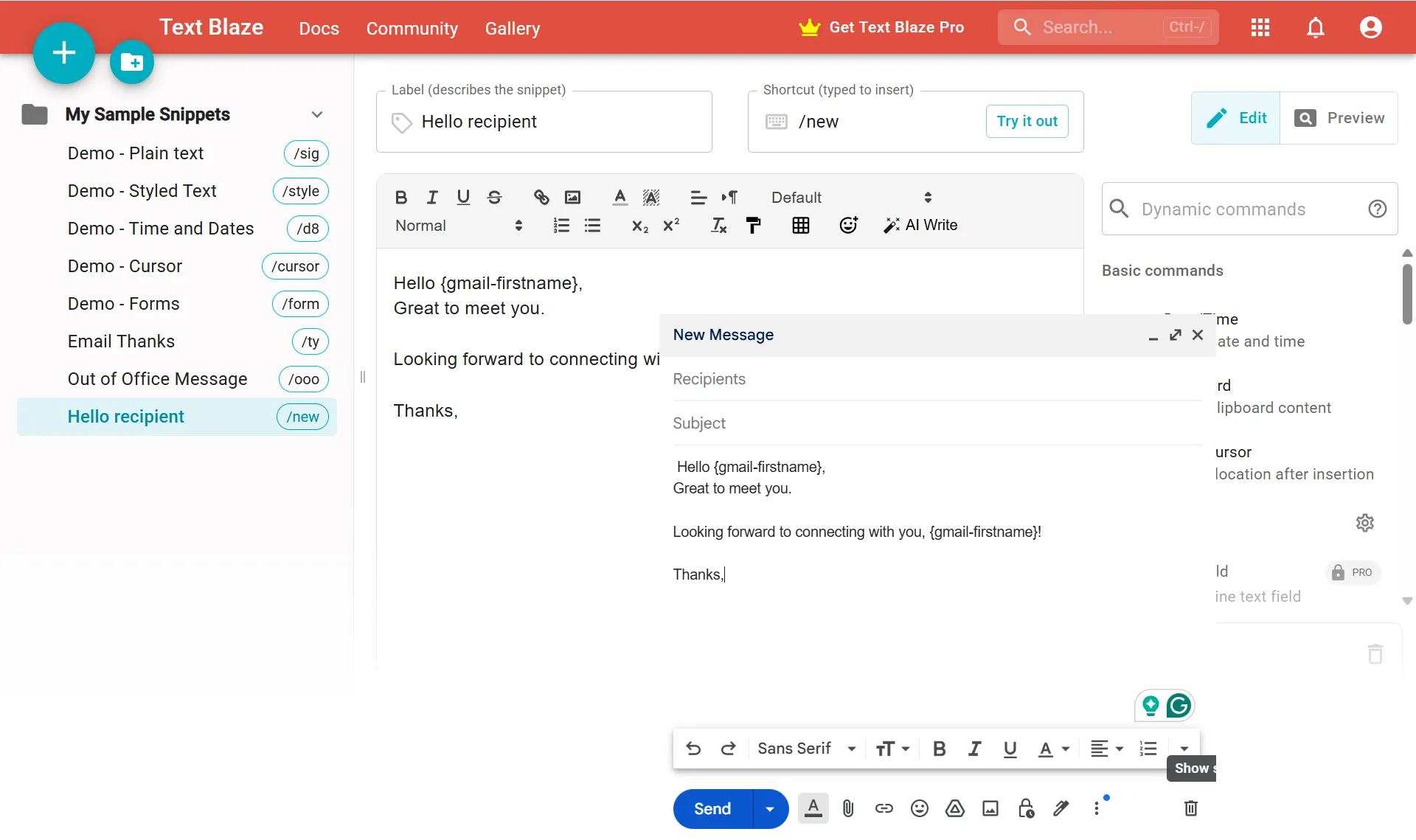 Màn hình tạo snippet động Text Blaze với các trường tùy chỉnh và gợi ý cú pháp