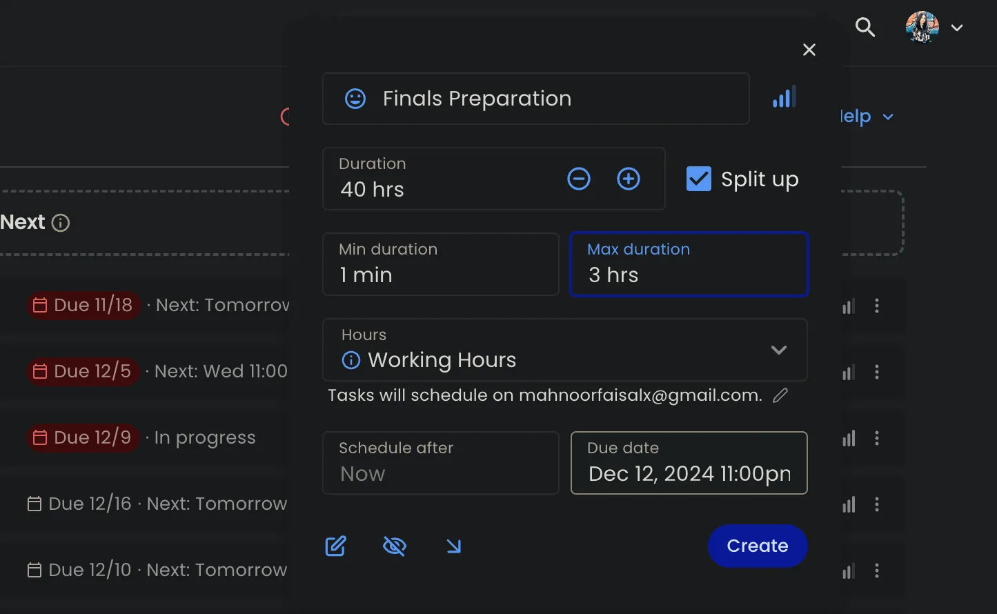 Màn hình tạo tác vụ mới trong Reclaim.ai với ví dụ &quot;Finals Preparation&quot; và tùy chọn chia nhỏ công việc thành nhiều phiên.