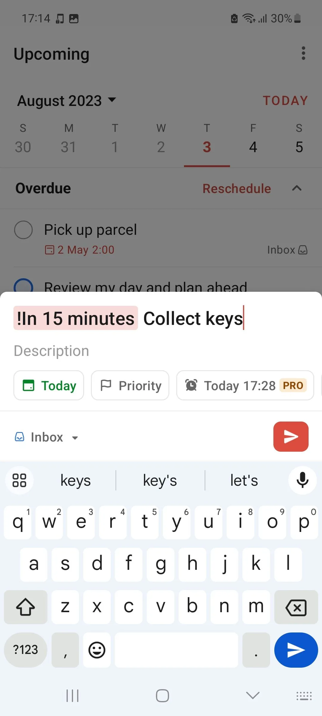 Màn hình thêm nhiệm vụ ngắn hạn mới trong Todoist, minh họa sự đơn giản khi quản lý các mục tiêu tức thời.
