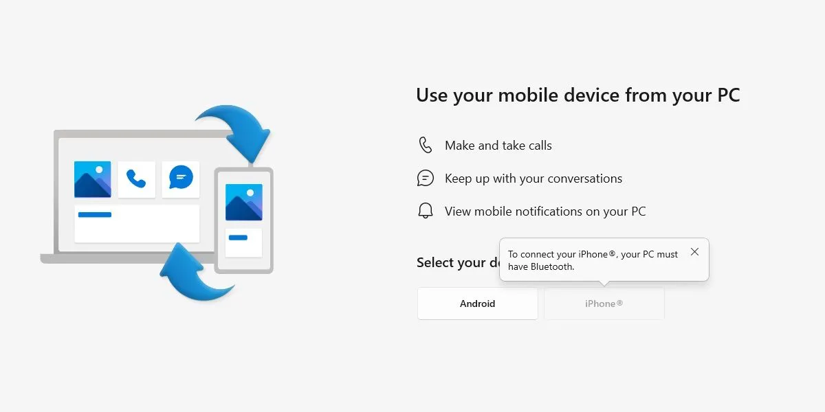Màn hình thiết lập ban đầu của ứng dụng Microsoft Phone Link trên Windows