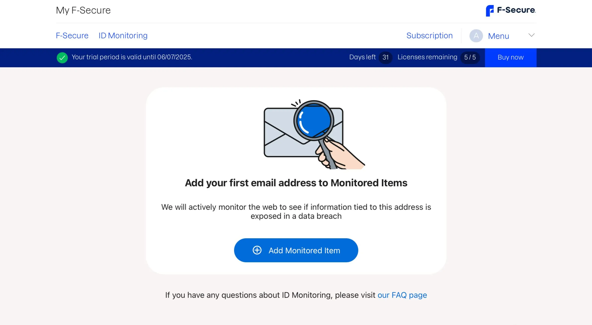Màn hình thiết lập tính năng giám sát Dark Web trong F-Secure ID Protection với tùy chọn thêm email