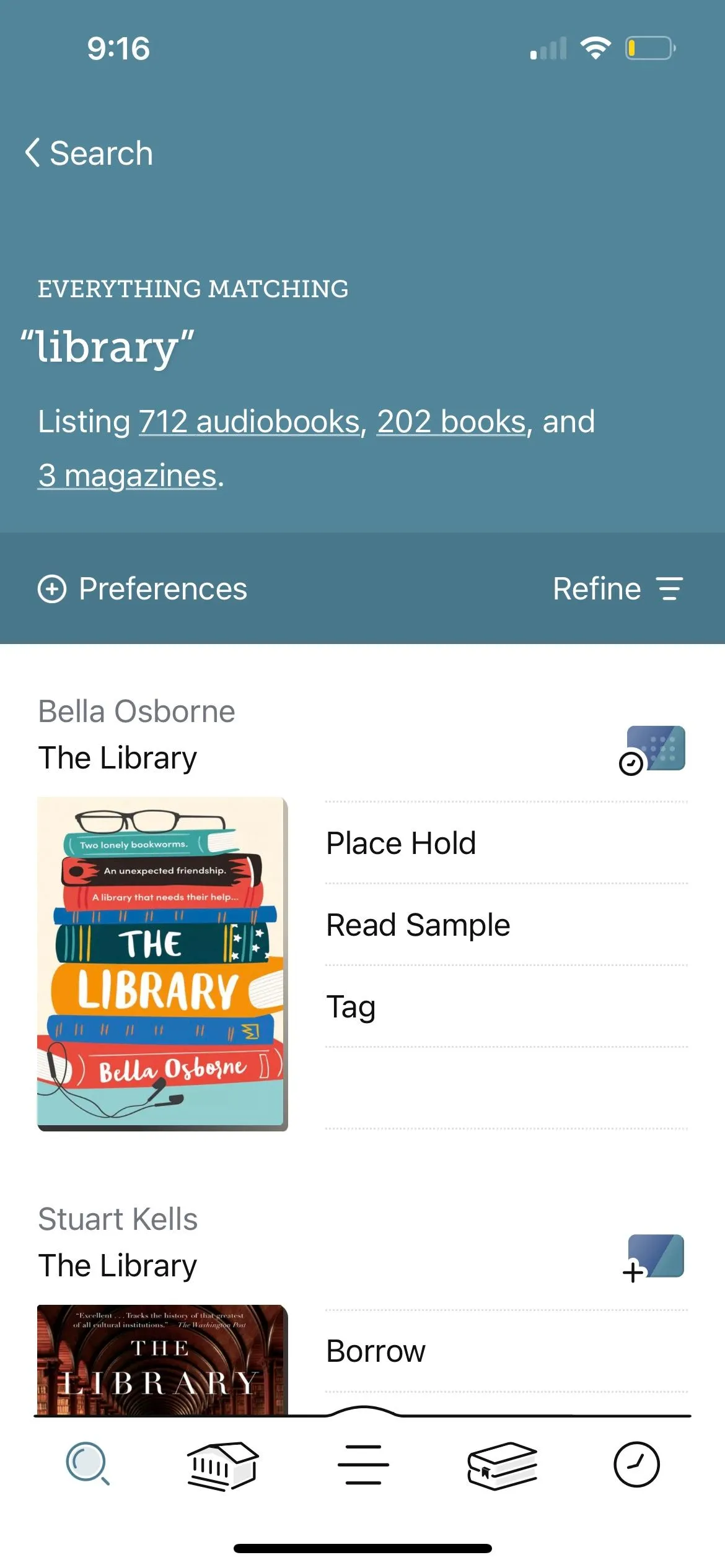 Màn hình tìm kiếm sách trong ứng dụng Libby, nơi người dùng có thể khám phá và mượn ebook, audiobook từ thư viện địa phương.