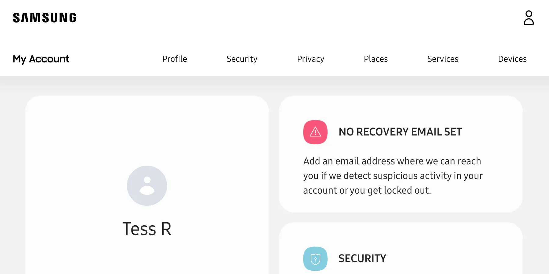 Màn hình trang chủ tài khoản Samsung sau khi đăng nhập, hiển thị giao diện quản lý thông tin và cài đặt cá nhân.