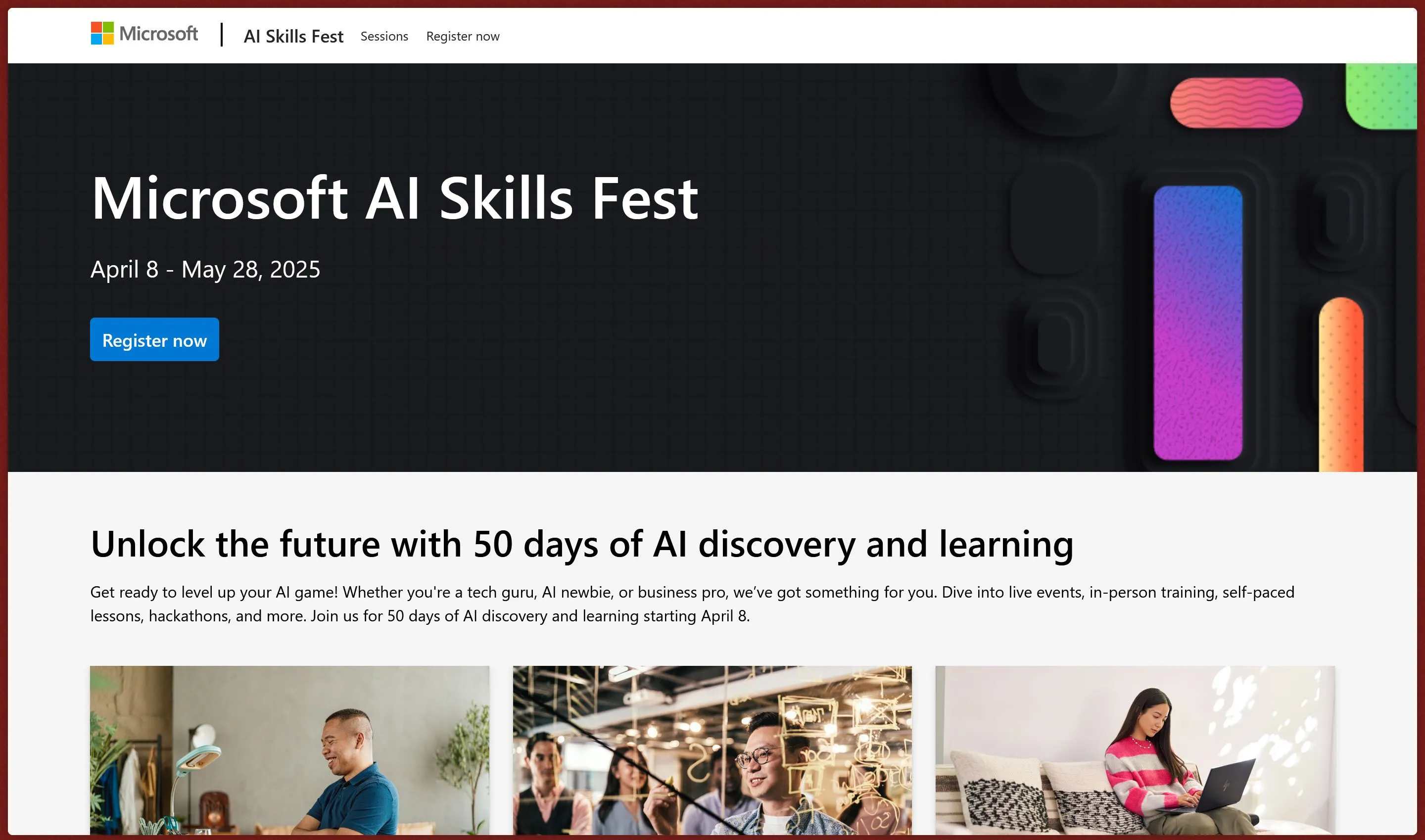 Màn hình trang web chính thức của sự kiện Microsoft AI Skills Fest, nơi đăng ký các khóa học AI miễn phí và tìm hiểu thông tin chương trình.
