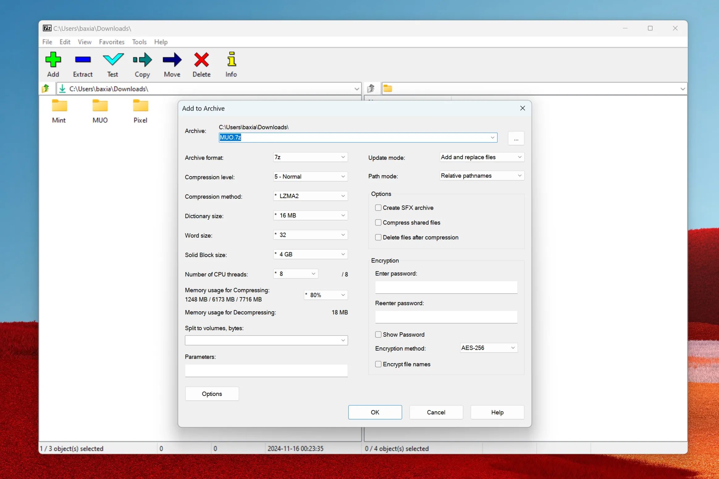 Màn hình tùy chỉnh cài đặt nén file trong 7-Zip
