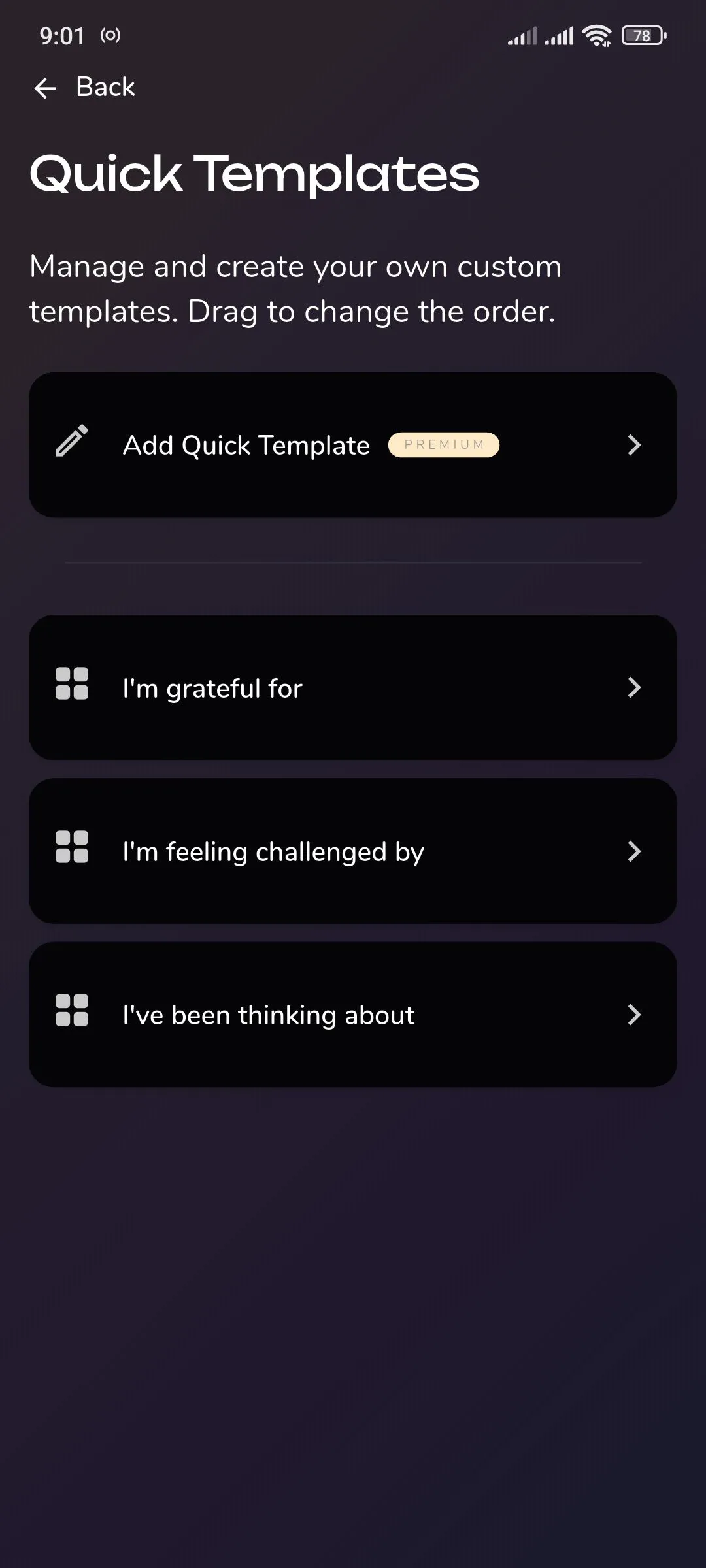 Màn hình tùy chỉnh mẫu gợi ý nhanh của Reflection.app, cho phép người dùng thêm hoặc sắp xếp lại các template.