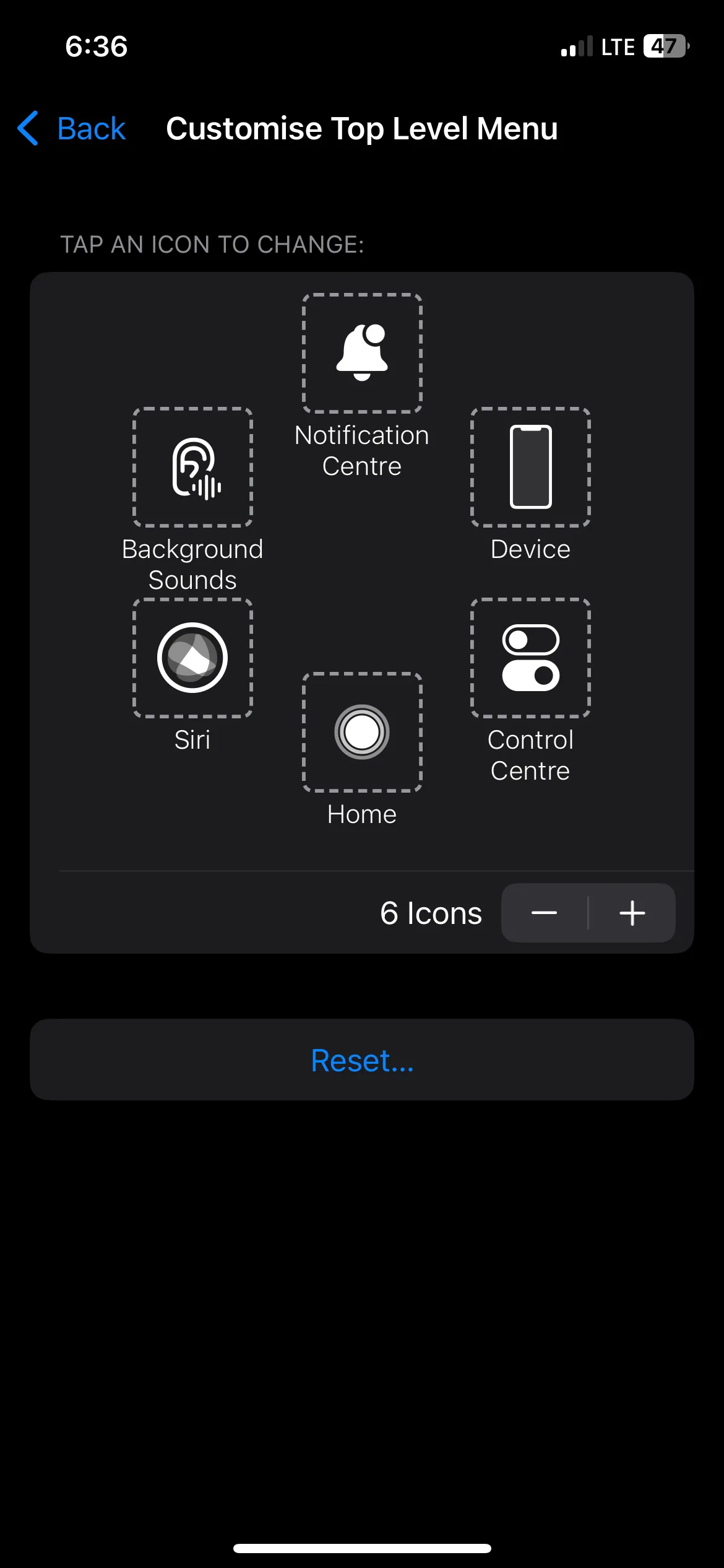 Màn hình tùy chỉnh menu AssistiveTouch trên iPhone.