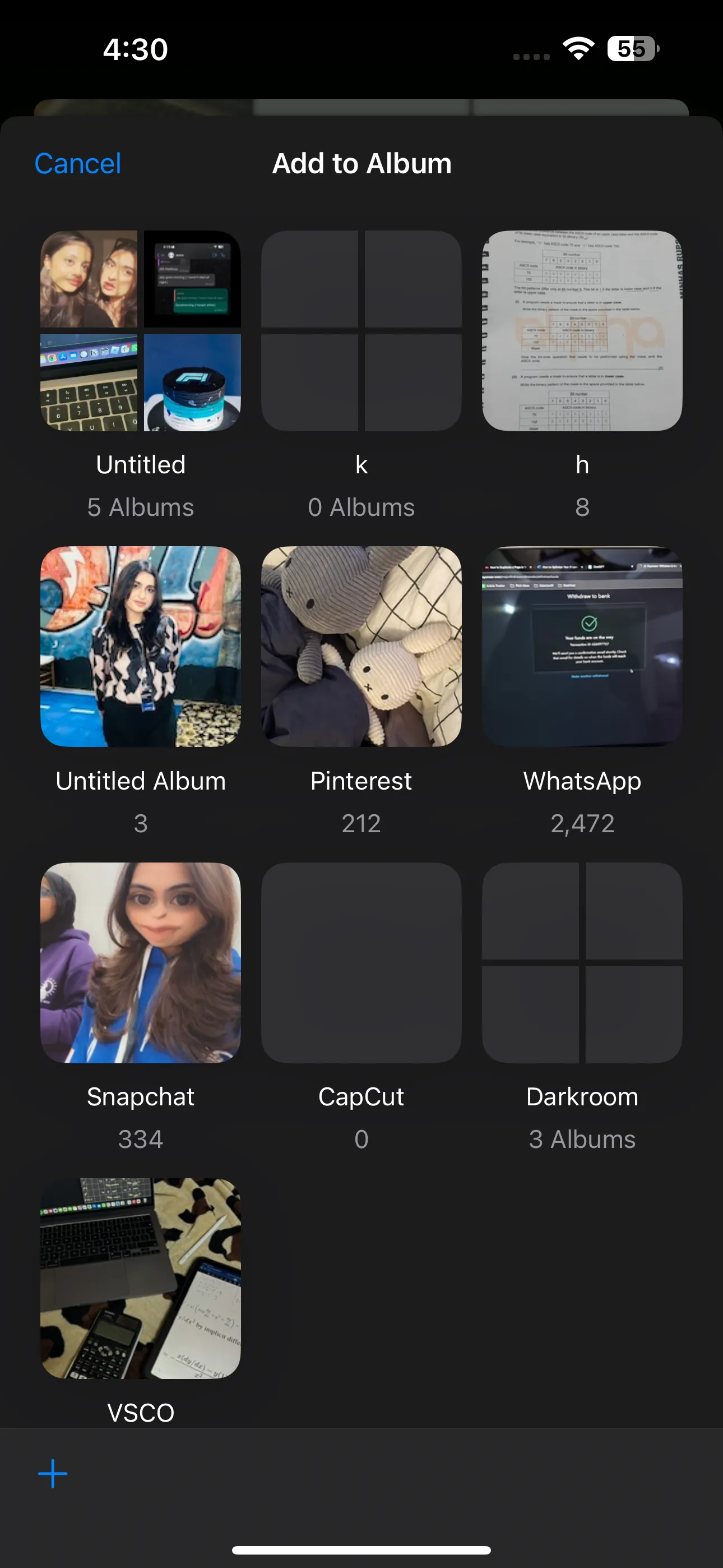 Màn hình tùy chọn khi thêm ảnh vào album trong ứng dụng Ảnh trên iPhone.