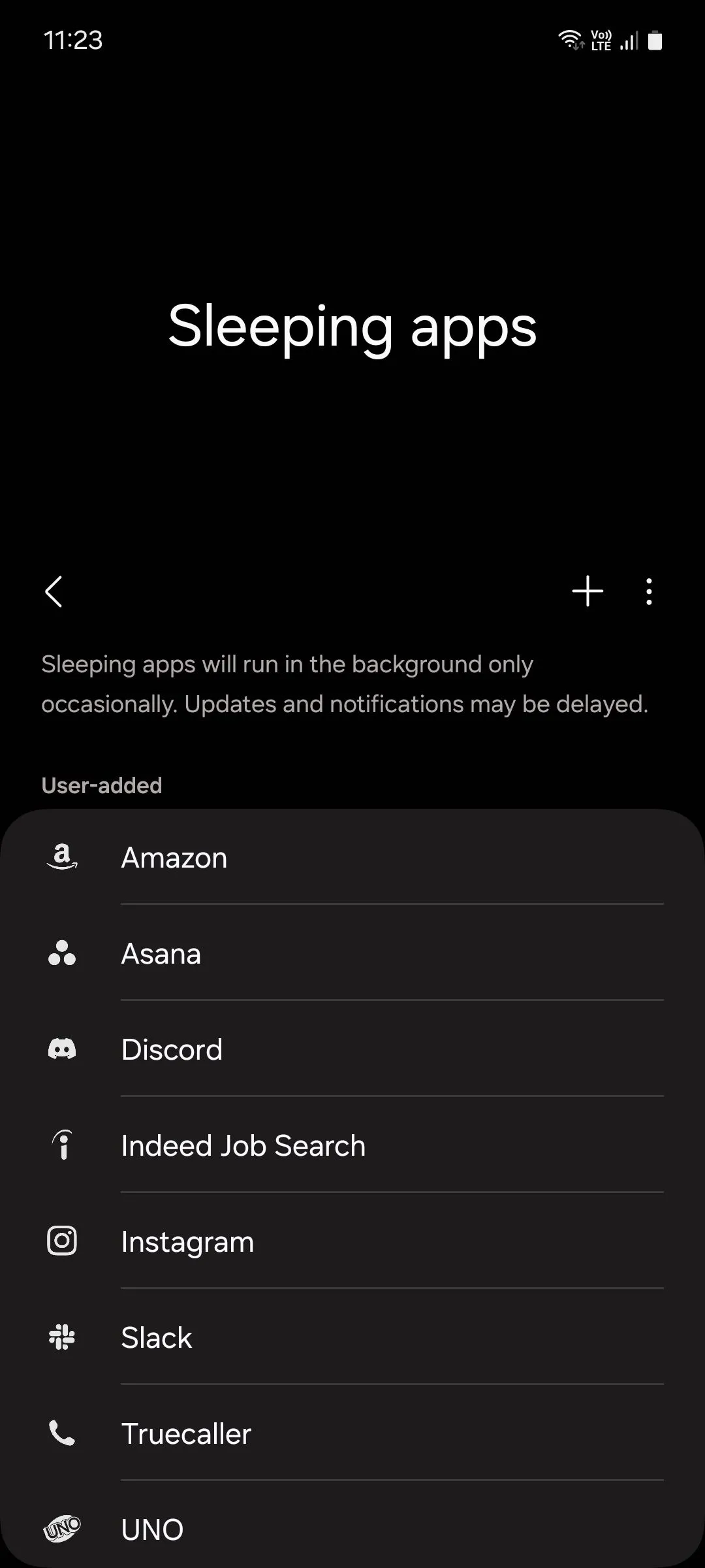 Màn hình tùy chọn ứng dụng ngủ (Sleeping apps) trên điện thoại Samsung