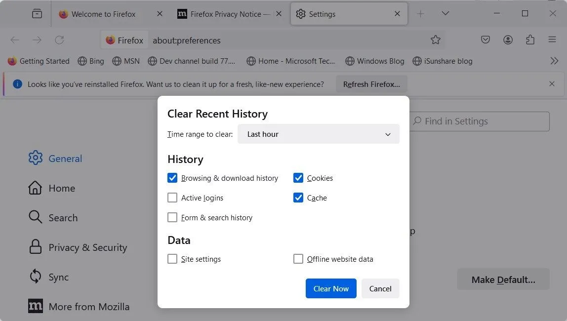 Màn hình tùy chọn xóa lịch sử gần đây của Mozilla Firefox