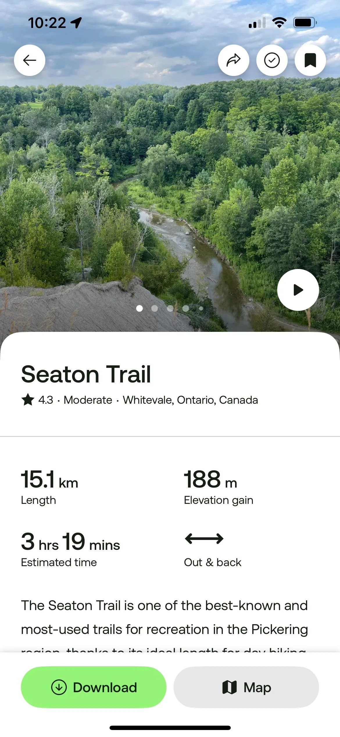 Màn hình ứng dụng AllTrails hiển thị bản đồ đường mòn