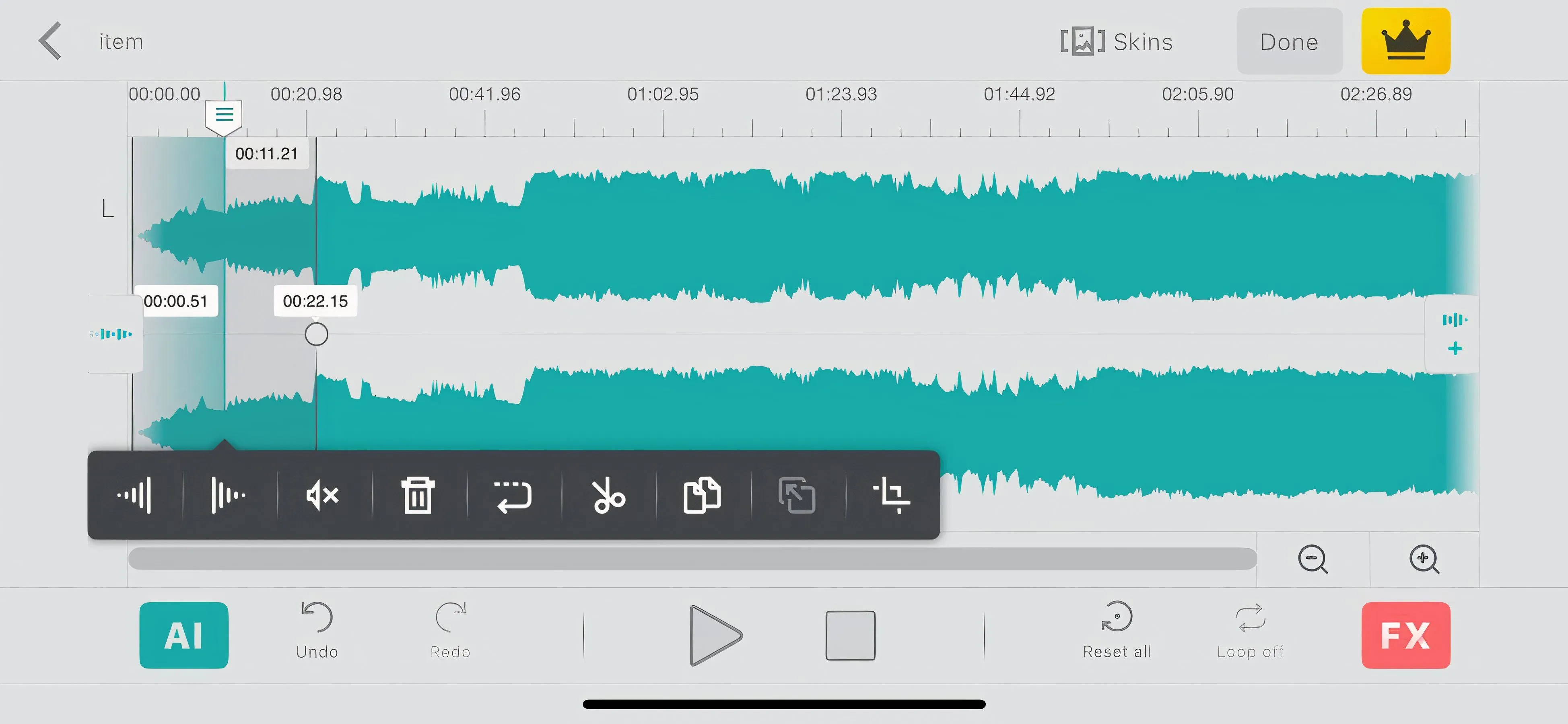 Màn hình ứng dụng Audio Editor Tool trên iPhone, minh họa cách chọn hiệu ứng fade in/out.