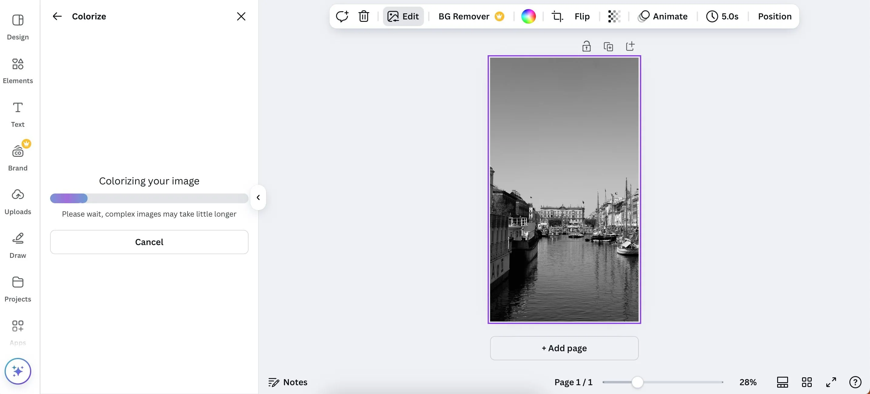Màn hình ứng dụng Canva với tính năng Colorize đang tô màu cho một bức ảnh đen trắng, hiển thị độ chính xác của màu sắc phục hồi.