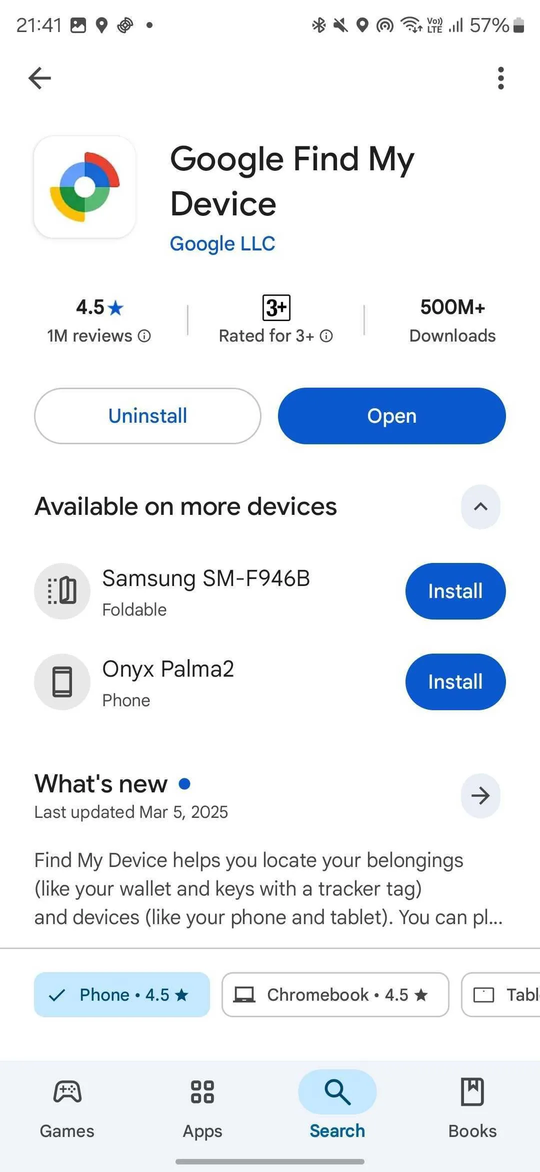 Màn hình ứng dụng Google Play Store hiển thị trang tải xuống và cài đặt Google Tìm thiết bị, với nút 'Cài đặt' nổi bật.
