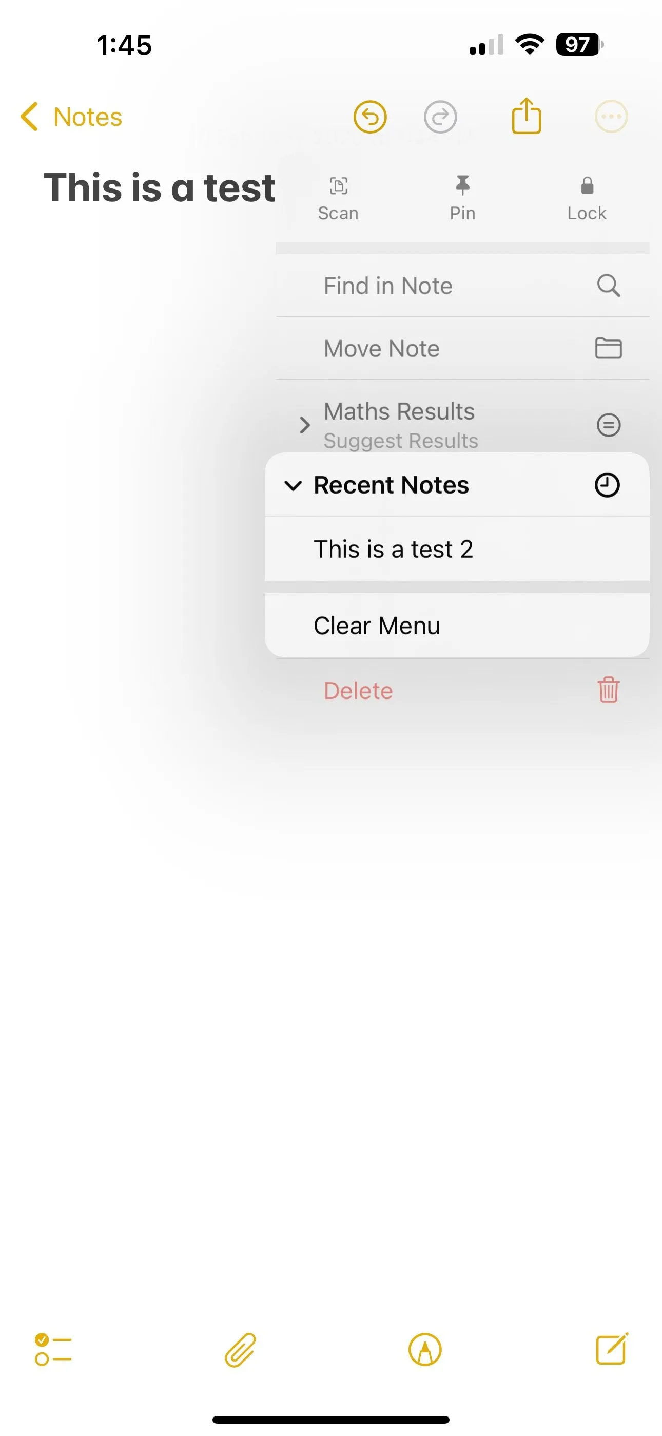 Màn hình ứng dụng Notes hiển thị tùy chọn 'Xóa menu' dưới danh sách các ghi chú gần đây