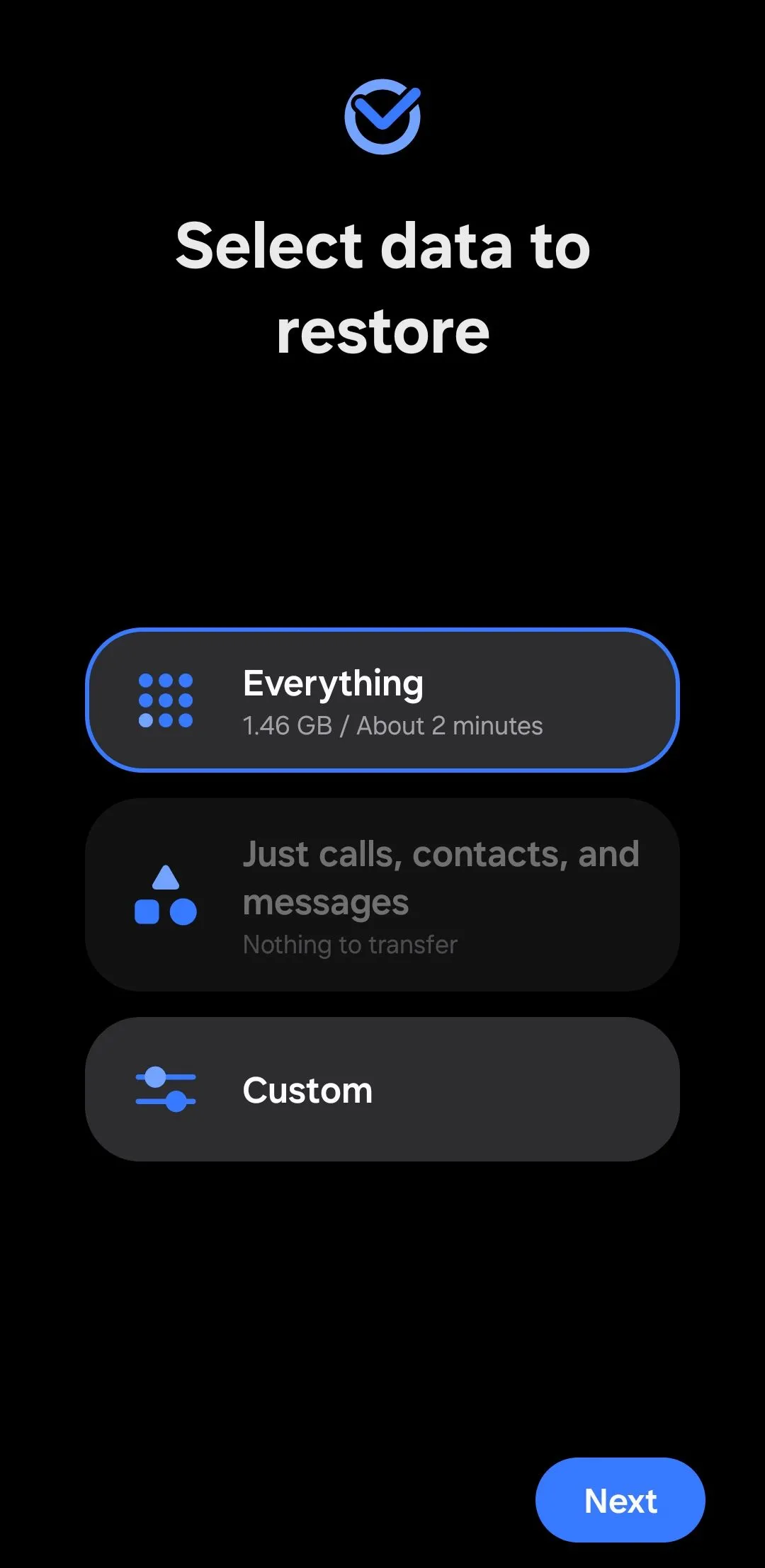 Màn hình ứng dụng Smart Switch trên điện thoại Samsung với biểu tượng bộ nhớ ngoài được chọn