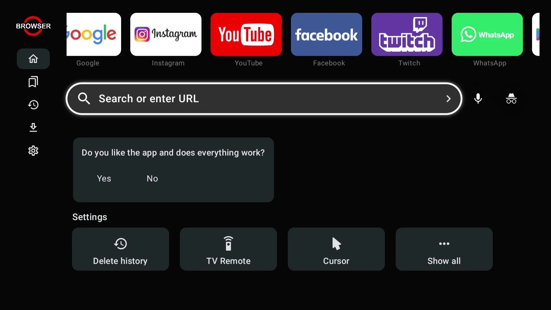 Màn hình ứng dụng trình duyệt "Browser" được mở trên Smart TV với giao diện thân thiện, dễ điều hướng.
