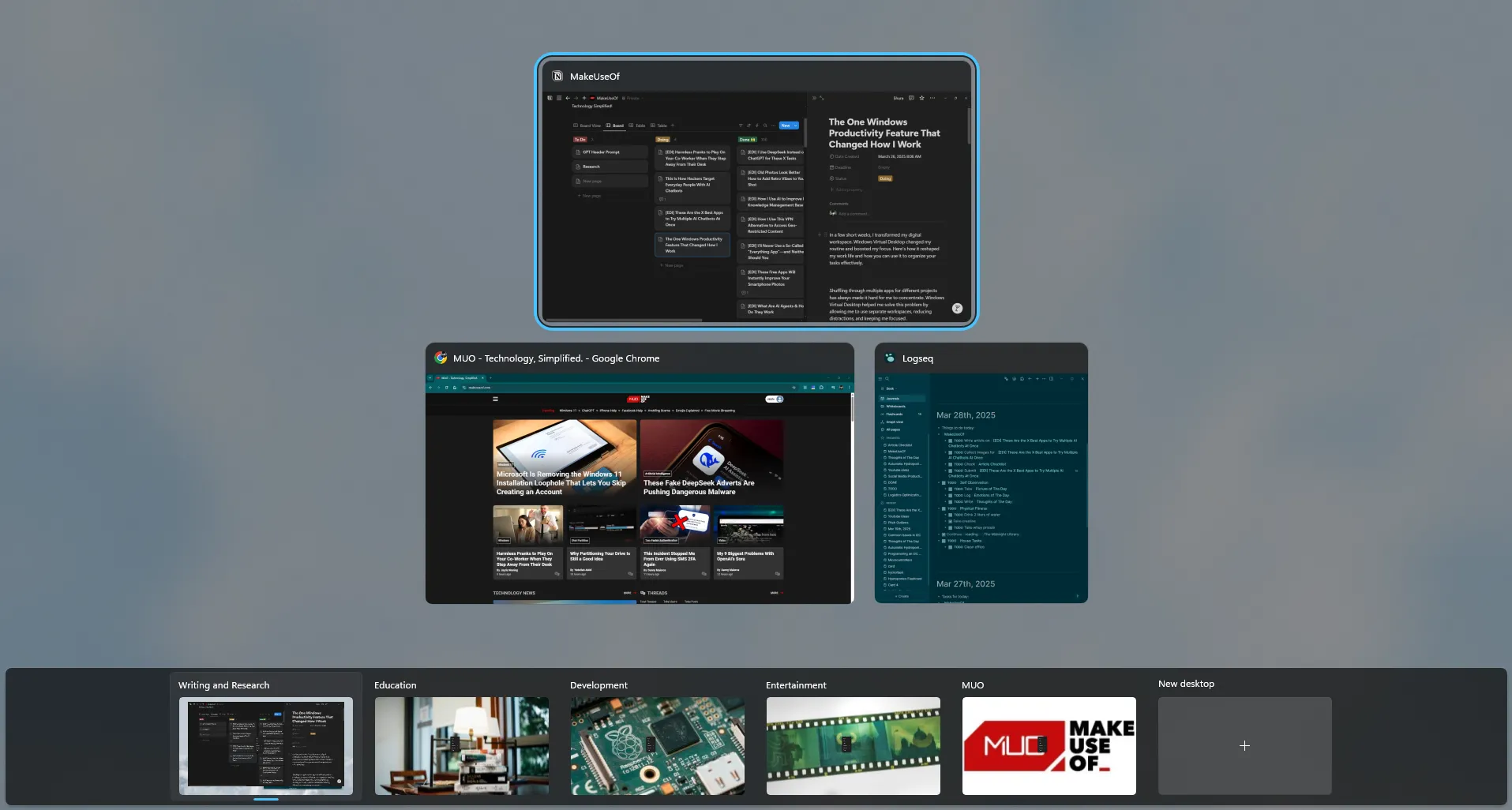 Màn hình Windows hiển thị nhiều desktop ảo được tùy chỉnh cho các tác vụ khác nhau.