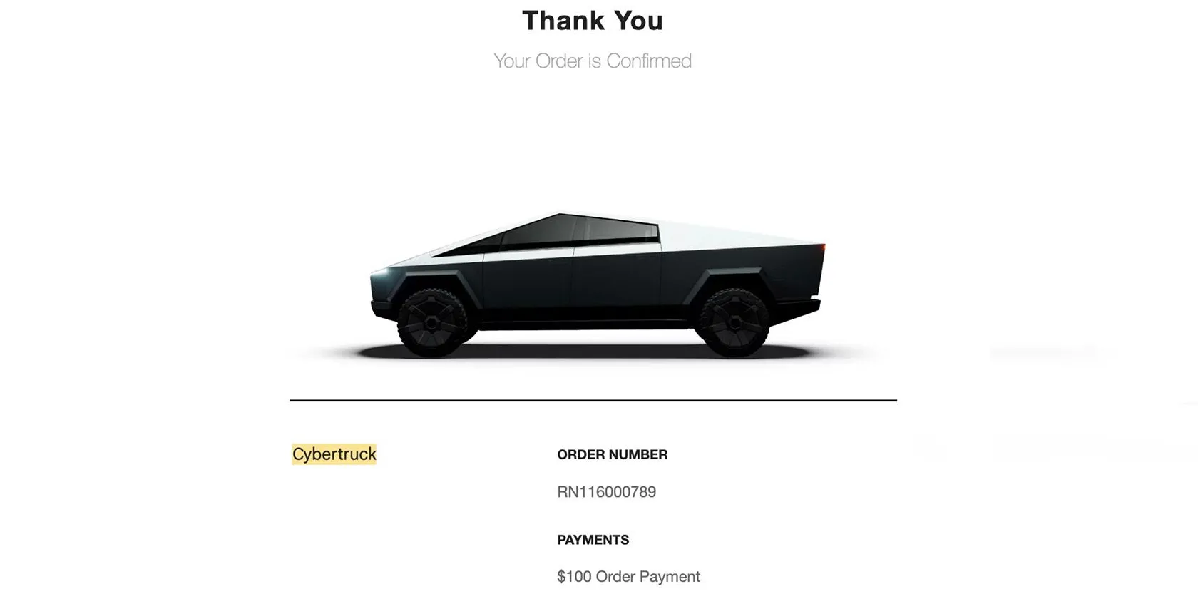 Màn hình xác nhận đặt hàng Tesla Cybertruck.