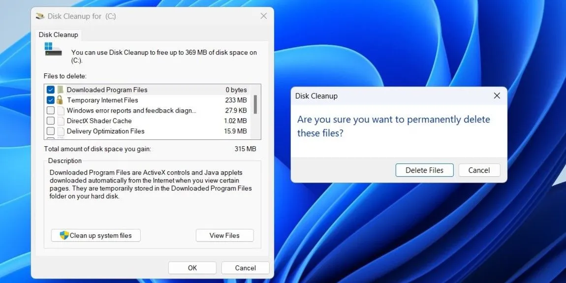 Màn hình xác nhận xóa các tệp tạm thời trong công cụ Disk Cleanup của Windows