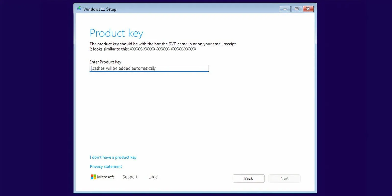 Màn hình yêu cầu khóa sản phẩm trong quá trình cài đặt Windows 11, hiển thị tùy chọn bỏ qua