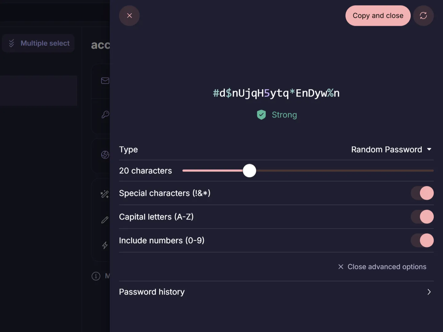 Mật khẩu hai mươi ký tự ngẫu nhiên được tạo trong Proton Pass với các tùy chọn nâng cao được chọn.