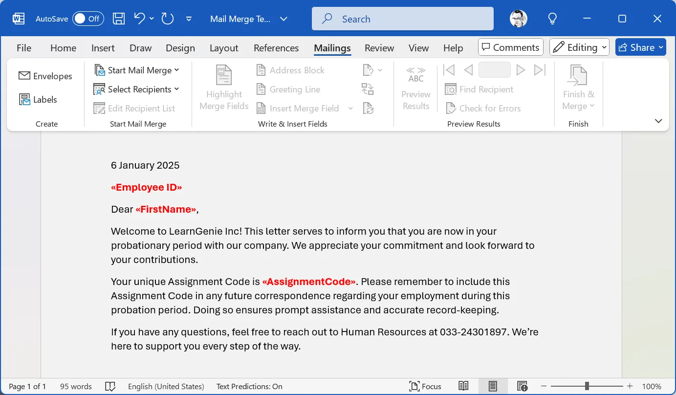 Mẫu email đã cá nhân hóa trong Word với các trường trộn thư như FirstName và Company