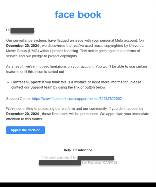 Mẫu email lừa đảo Facebook giả mạo thông báo vi phạm bản quyền.