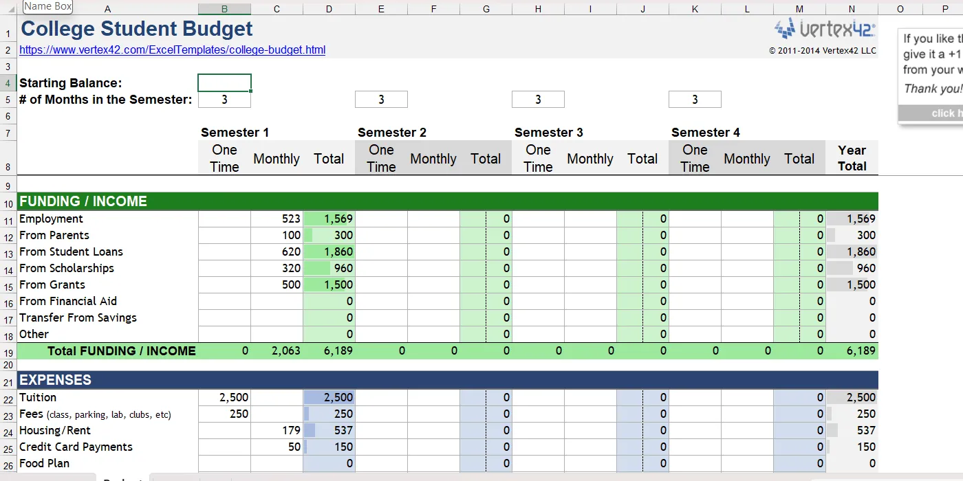 Mẫu Excel ngân sách sinh viên đại học theo dõi chi phí học phí, nhà ở và sinh hoạt.