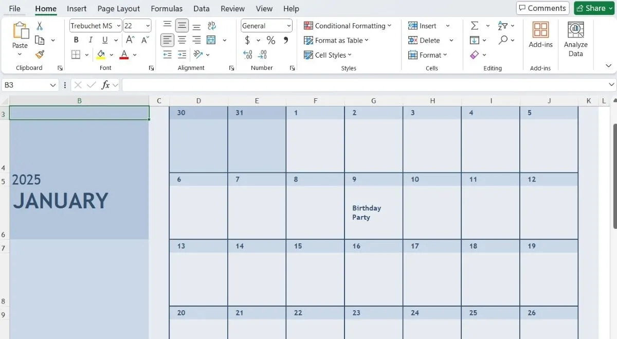 Mẫu lịch tháng Giêng được tùy chỉnh trong Excel, thể hiện khả năng lập kế hoạch cá nhân và quản lý thời gian hiệu quả.