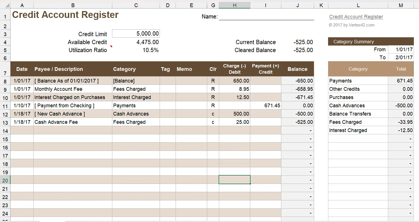 Mẫu Nhật ký Tài khoản Tín dụng trong Excel theo dõi giao dịch và số dư khả dụng thẻ.