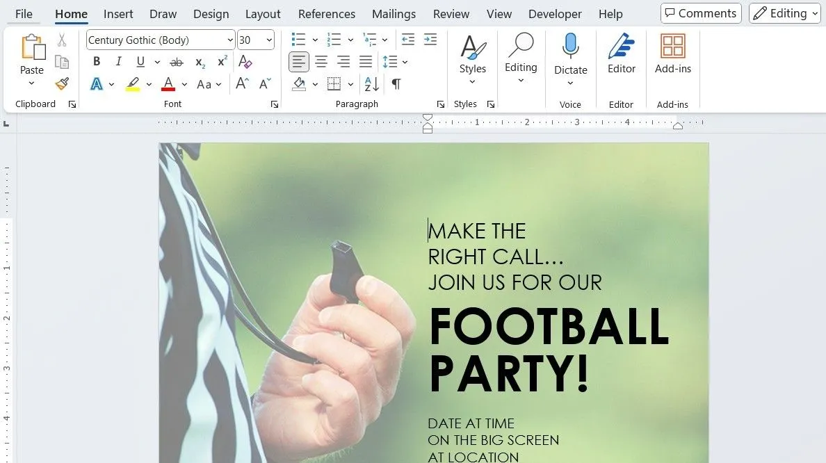 Mẫu tờ rơi tiệc bóng đá được thiết kế trong Microsoft Word, thể hiện khả năng thiết kế tài liệu quảng cáo