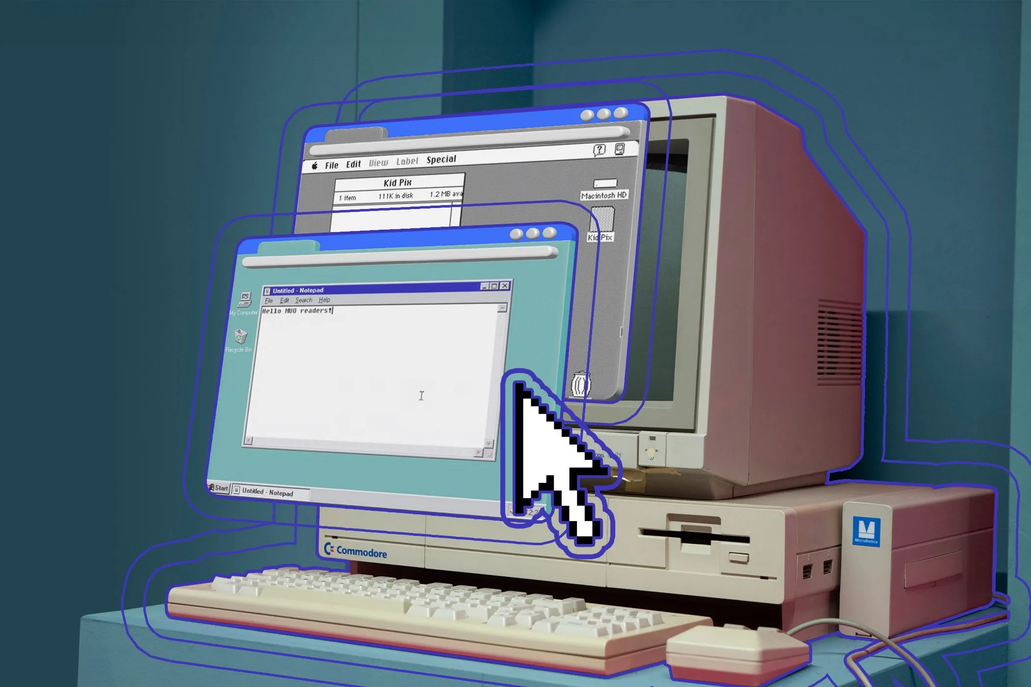 Máy tính cũ chạy hệ điều hành cổ điển với hai trình duyệt web đang hoạt động, minh họa sự đa dạng và phát triển của các trình duyệt Windows.