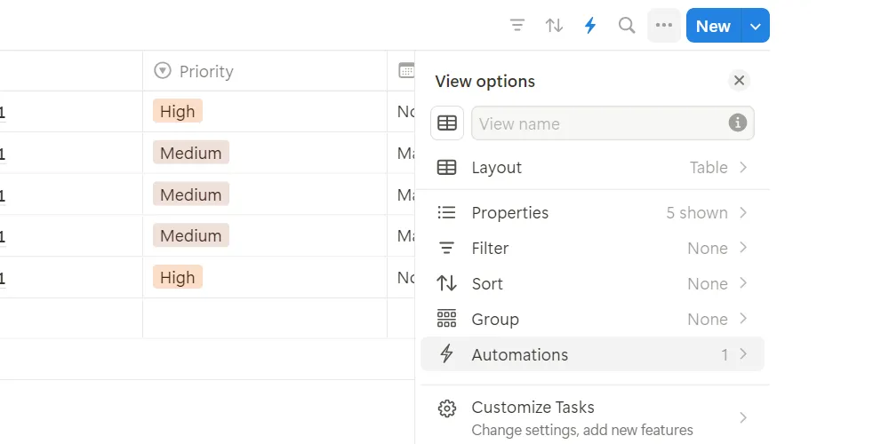 Menu ba chấm ở góc phải trên của database trong Notion, hiển thị tùy chọn &quot;Automation&quot; để tạo quy trình tự động.